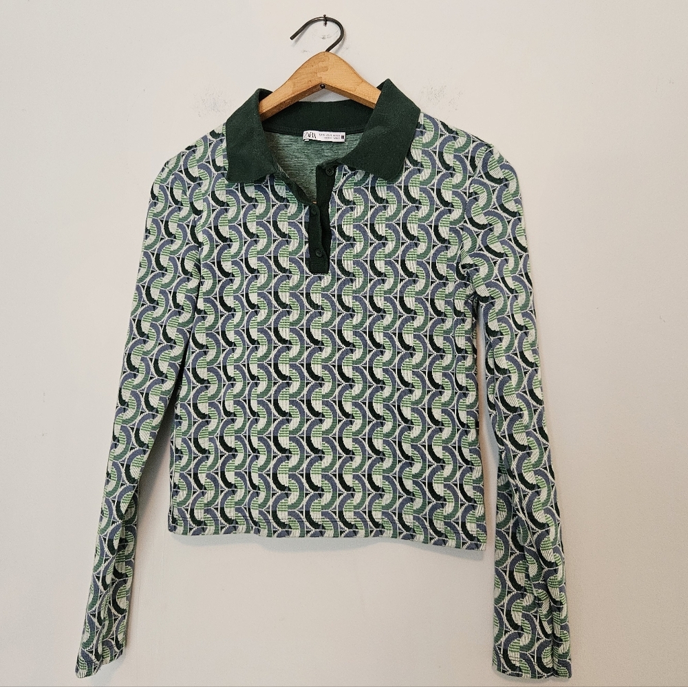 ZARA Retro Pattern Collared Long Sleeve Shirt Green 70s‎ Cropped S